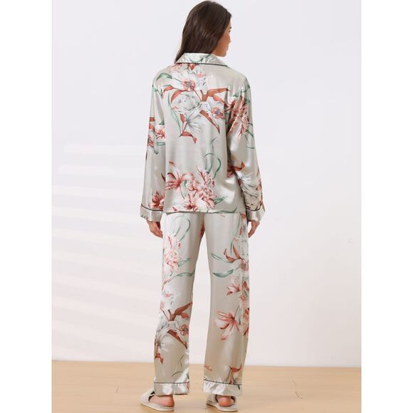 Womens Satin Floral Pajamas Sleepwear Long Sleeve Pjs Button Up Lounge Set Gray - Picture 3 of 5